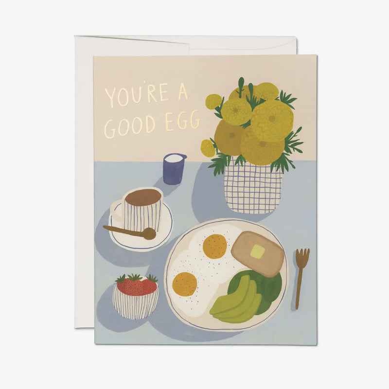 Grusskarte-A6-Red-cap-cards-Klappkarte-You_re-a-Good-Egg-greeting-card_-Produktansicht-Karte-mit-umschlag