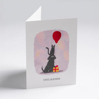 Grusskarte-Dog-Cat-Red-Balloon-Klappkarte-mit-Umschlag-lagom-Format-A6-John-Bond-Text-happy-Birthday-Produktansicht-hingestellt