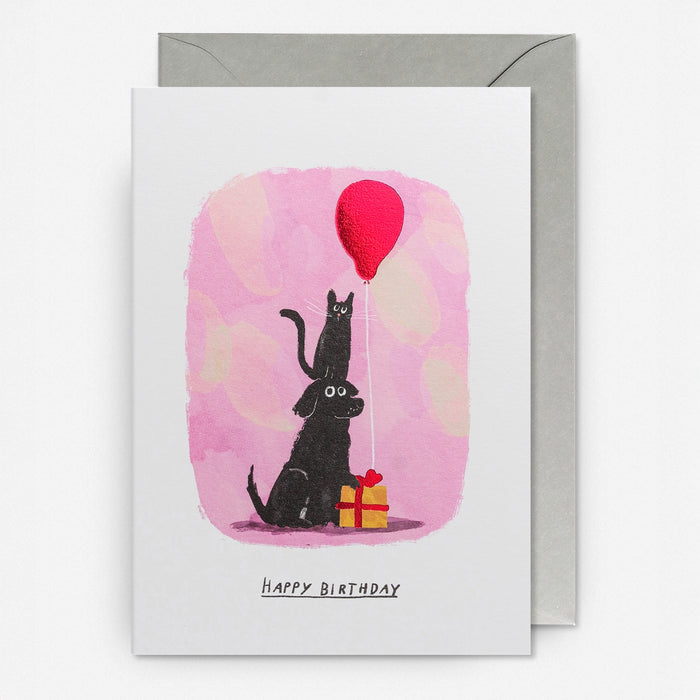 Grusskarte-Dog-Cat-Red-Balloon-Klappkarte-mit-Umschlag-lagom-Format-A6-John-Bond-Text-happy-Birthday-Produktansicht-mit-umschlag