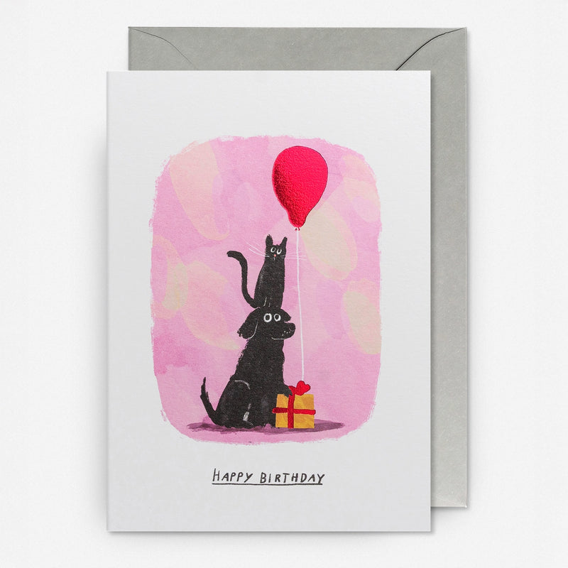 Grusskarte-Dog-Cat-Red-Balloon-Klappkarte-mit-Umschlag-lagom-Format-A6-John-Bond-Text-happy-Birthday-Produktansicht-mit-umschlag