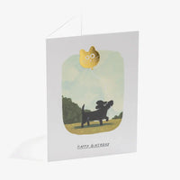 Grusskarte_-format-Dog-_with_-Cat-_Balloon-A6-von-John-Bond_-text-Happy-Birthday-_Produktansicht-1