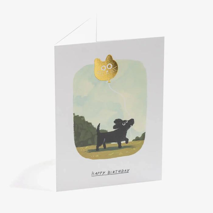 Grusskarte_-format-Dog-_with_-Cat-_Balloon-A6-von-John-Bond_-text-Happy-Birthday-_Produktansicht-1
