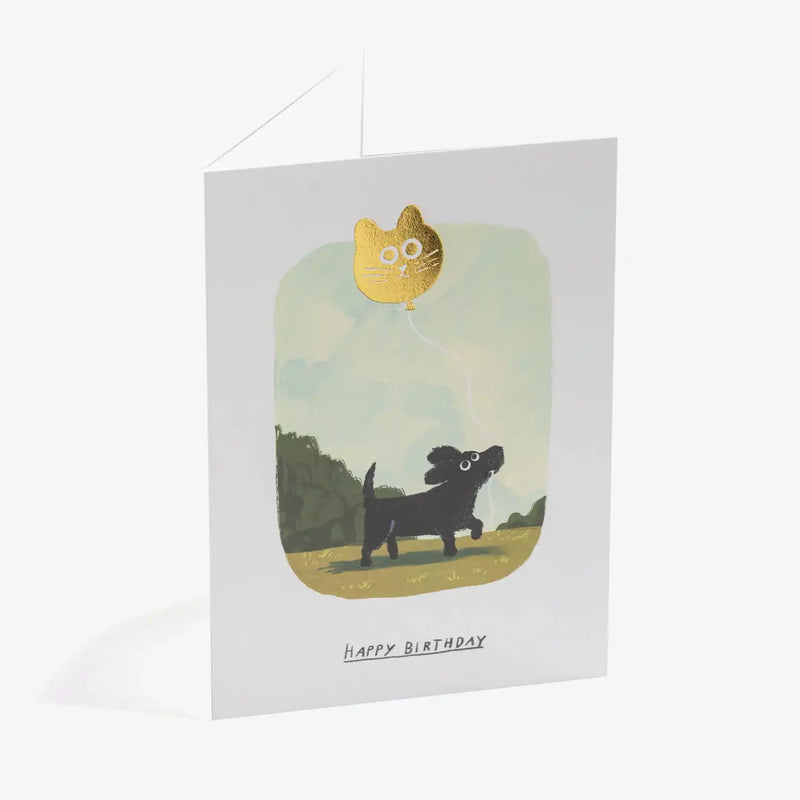 Grusskarte_-format-Dog-_with_-Cat-_Balloon-A6-von-John-Bond_-text-Happy-Birthday-_Produktansicht-1