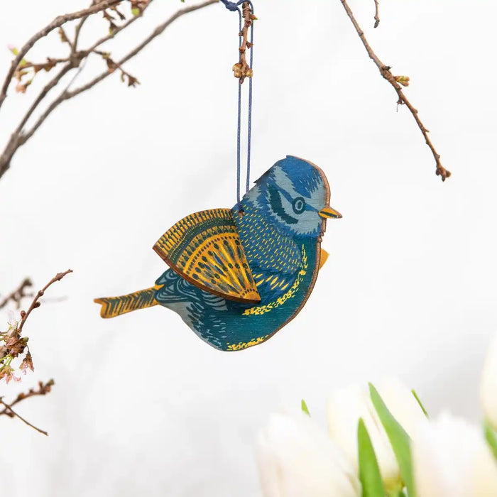 bemaltes Holz Ornament / blauer Vogel