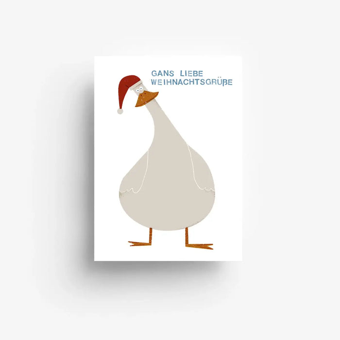 Jung-wie-Alt-Postkarte-A6-Weihnachtskarte-Text-Gans-liebe-Gruesse-Produktansicht-vorn
