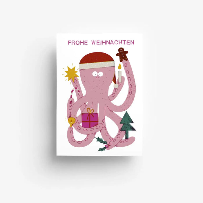 Jung-wie-Alt-Postkarte-A6-Weihnachtskrakke-Text-frohe-Weihnacht-Produktansicht-vorn