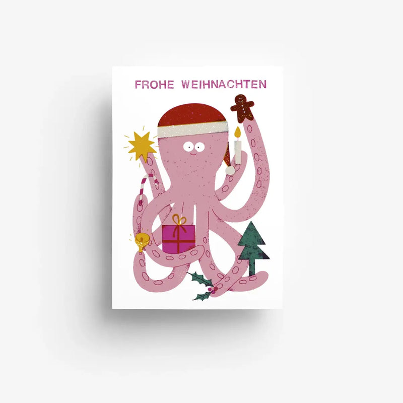 Jung-wie-Alt-Postkarte-A6-Weihnachtskrakke-Text-frohe-Weihnacht-Produktansicht-vorn