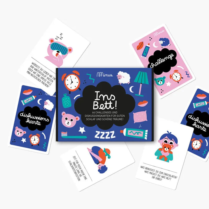 KArtenspiel-ins-bett-vom-minusverlag-sprache-deutsch-64-Karten-verpackung-produktansicht-von-oben-mit-inhalt