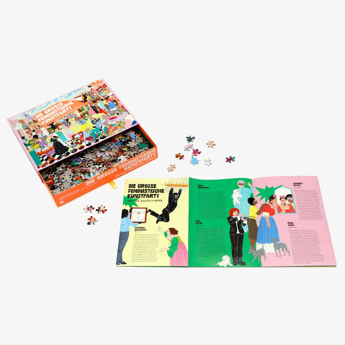 Laurence-king-verlag-Puzzle-fuer-Erwachsene-Die-grosse-feministische-Kunstparty-Puzzle1000teilig-verpackung-mit-Inhalt-1