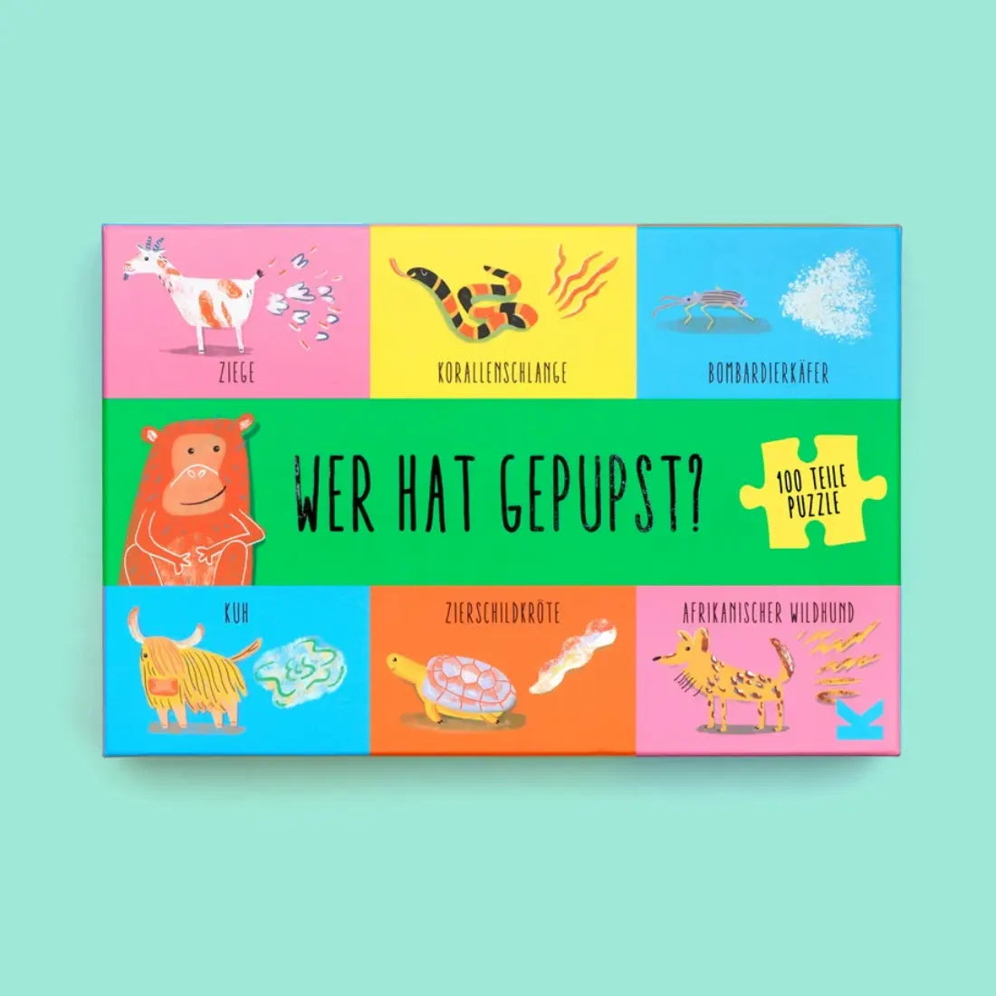 Kartenspiel-Laurence-king-verlag-Wer-hat-gepupst-Ein-100-Teile-Puzzle-verpackung-cover-von-vorn-gruener-hintergrund-1