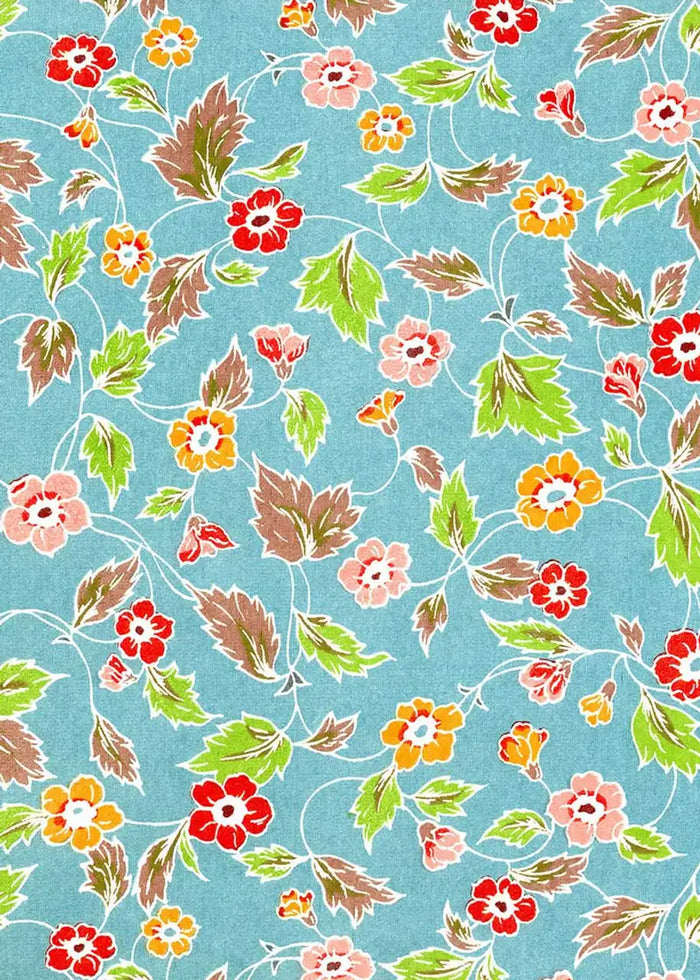 Katazome Shi / Floral - Blumenornament - Bunt -auf Blau