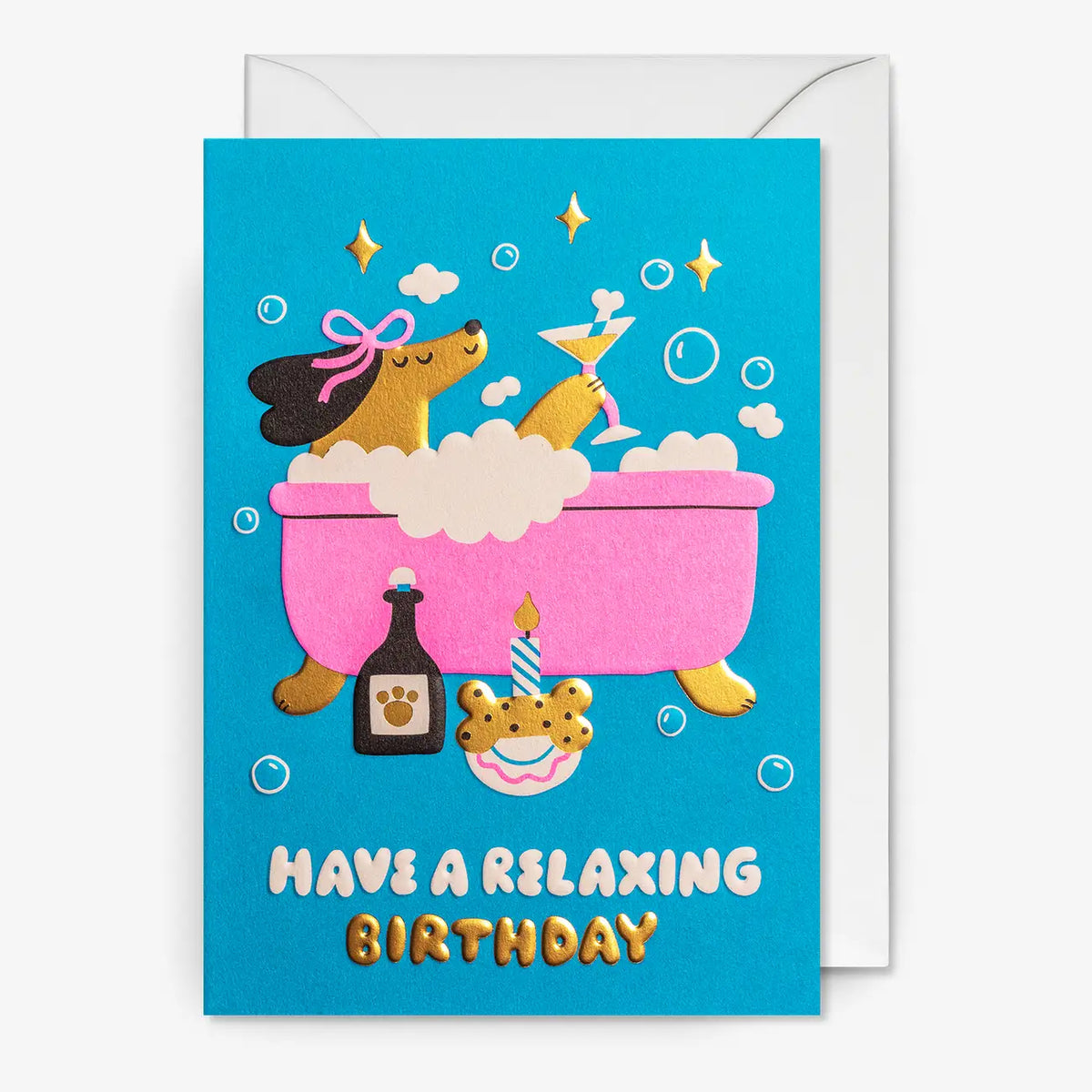 Klappkarte-mit-Umschlag-Format-A6-109x155mm-Designer-Judit-Zengovari-Motiv-Pampered-Pooch-Relaxing-Birthday-Card