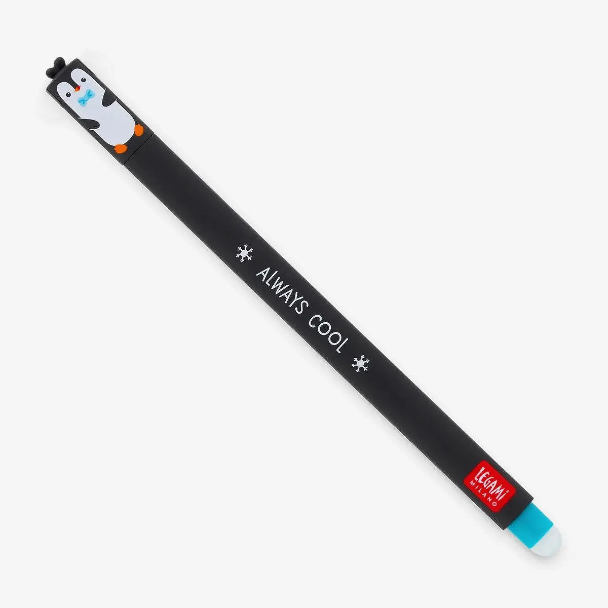 Legami_Loeschbarer-gelstift-Pinguin-strichfarbe-Tuerkis-ganzer-Stift-Produktansicht
