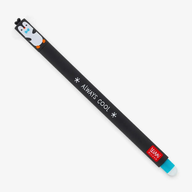 Legami_Loeschbarer-gelstift-Pinguin-strichfarbe-Tuerkis-ganzer-Stift-Produktansicht