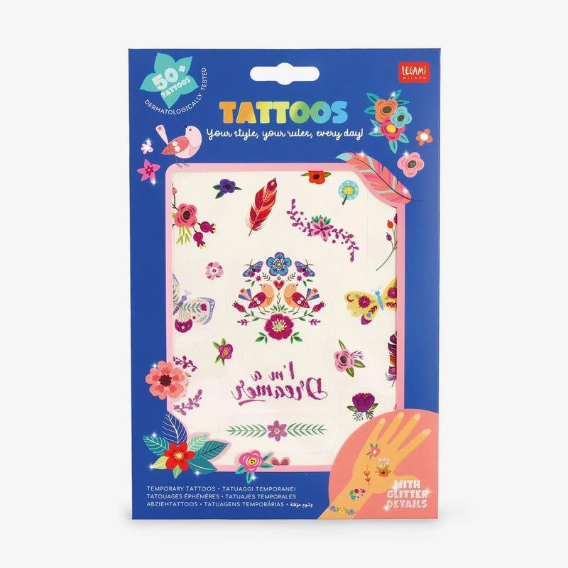 Legami_Temporaere-Tattoos-Flower-TATTOO-2boegen-50-tattoos-15x21cm-Produktansicht-in-verpackung