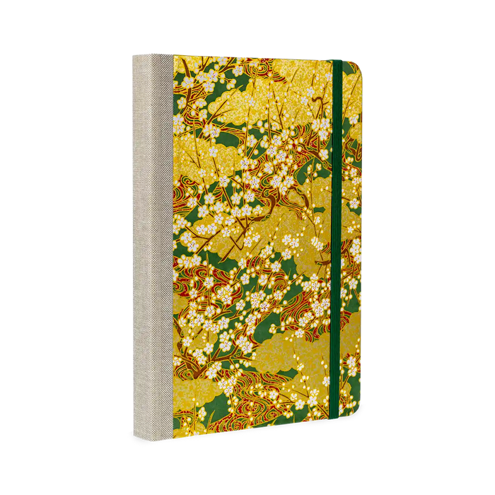 Notizbuch / Skizzenbuch / A5 / dotted / goldene blüten am Ast auf grün