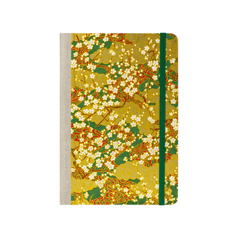 Notizbuch / 240 Seiten / A5  / liniert / goldene blüten am Ast auf grün