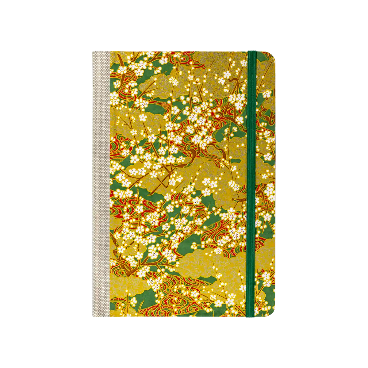 Notizbuch / Skizzenbuch / A5 / dotted / goldene blüten am Ast auf grün