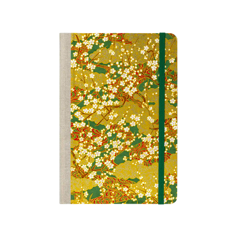 Notizbuch / Skizzenbuch / A5 / dotted / goldene blüten am Ast auf grün