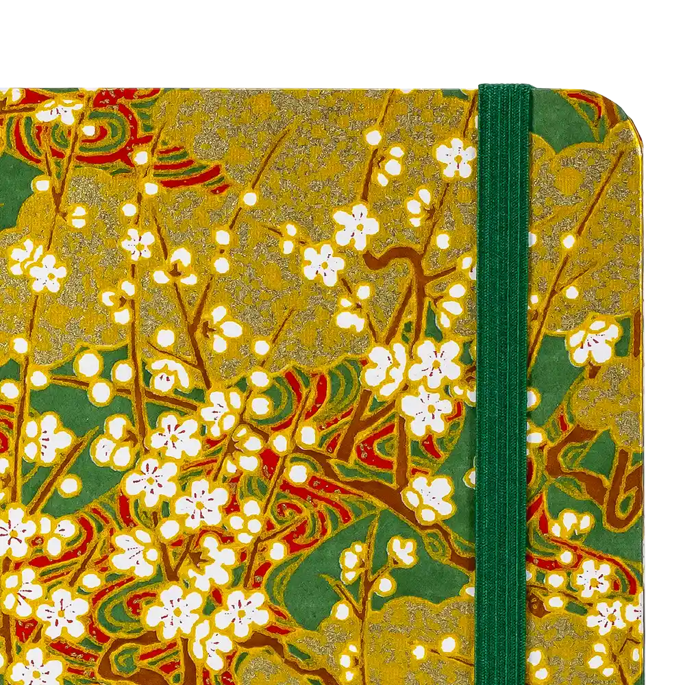 Notizbuch / Skizzenbuch / A5 / dotted / goldene blüten am Ast auf grün