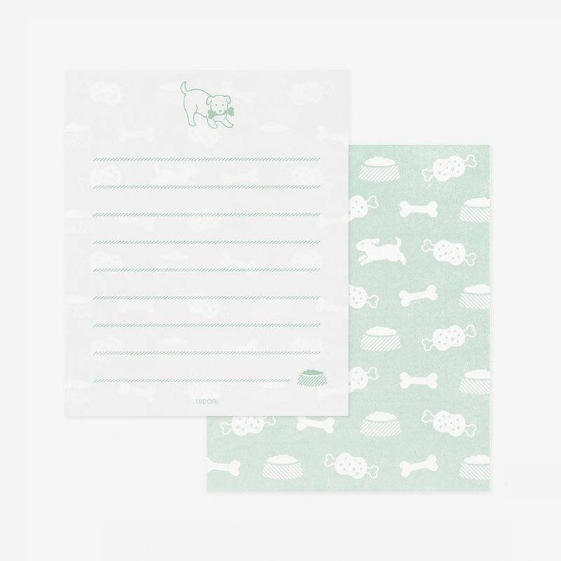 Midori-Mini-Brief-Set-Hungry-Dog-Briefpapier-Sticker-Japan-Papeterie-Produktansicht-Briefpapier-vorder-undrueckansicht