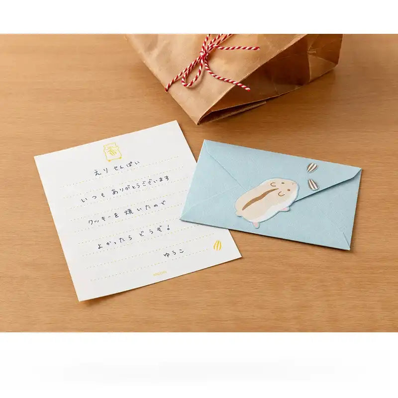 Midori-Mini-Brief-Set-Hungry-Hamster-Briefpapier-Sticker-Japan-Papeterie-Produktansicht-Beispielfoto