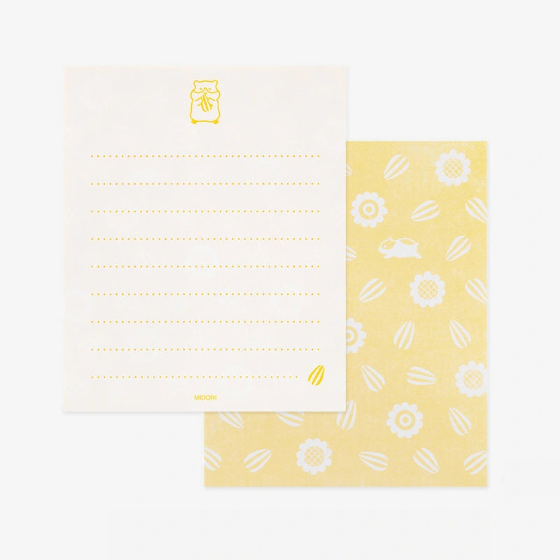 Midori-Mini-Brief-Set-Hungry-Hamster-Briefpapier-Sticker-Japan-Papeterie-Produktansicht-Briefpapier-vorder-undrueckansicht