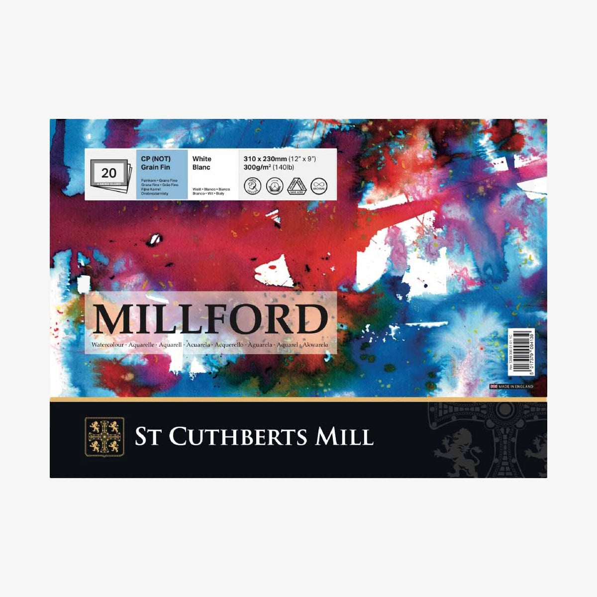 Millford-Watercolour-Paper-St-_Cuthberts-_Mill_-Grain-_Fin-_31_x_23_cm_-_20_Blatt-Aquarellblock-300grm_-Produktansicht-cover-vorn