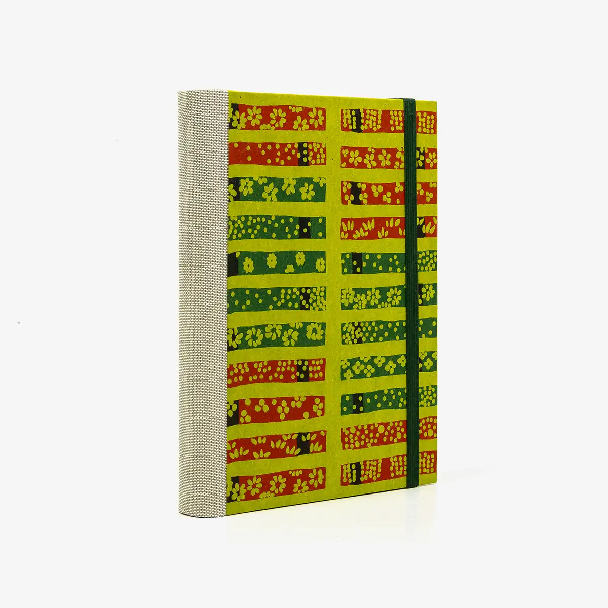 Notizbuch-12x16.5cm-256seiten-recy-Papier-cover-Katazome-Shi-motiv-Washi-Pattern-auf-gruen-seitlich-von-hinten