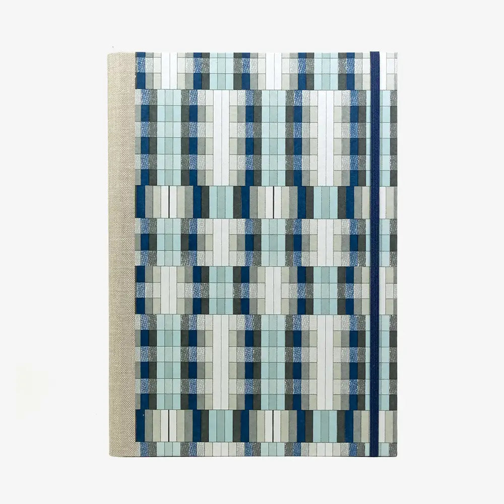 Notizbuch-A4-liniert-160Seiten-Cover-chiyogami-Motiv-Rechtecke-blau-grau-von-vorn