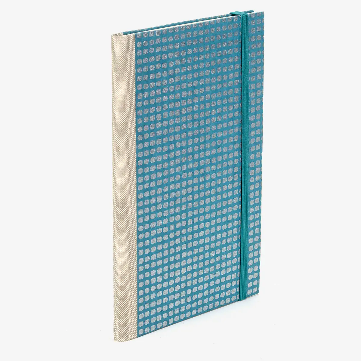 Notizbuch-A5-liniert-144Seiten-bezogen-mit-Chiyogami-Rechecke-silber-auf-petrol-Cover-seitlich-hinten-3