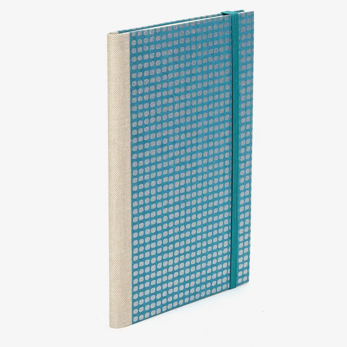 Notizbuch-A5-liniert-144Seiten-bezogen-mit-Chiyogami-Rechecke-silber-auf-petrol-Cover-seitlich-hinten-3