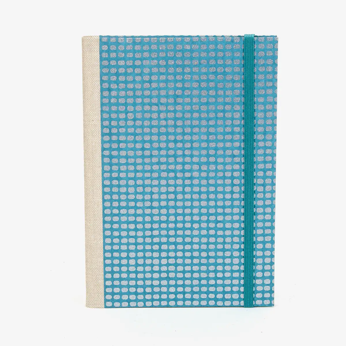 Notizbuch-A5-liniert-144Seiten-bezogen-mit-Chiyogami-Rechecke-silber-auf-petrol-Cover-vorn-1