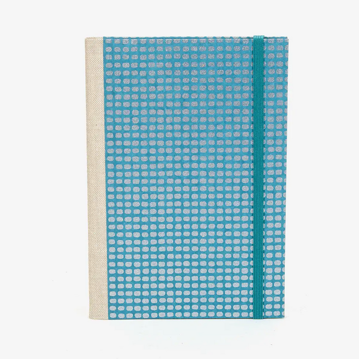 Notizbuch-A5-liniert-144Seiten-bezogen-mit-Chiyogami-Rechecke-silber-auf-petrol-Cover-vorn-1