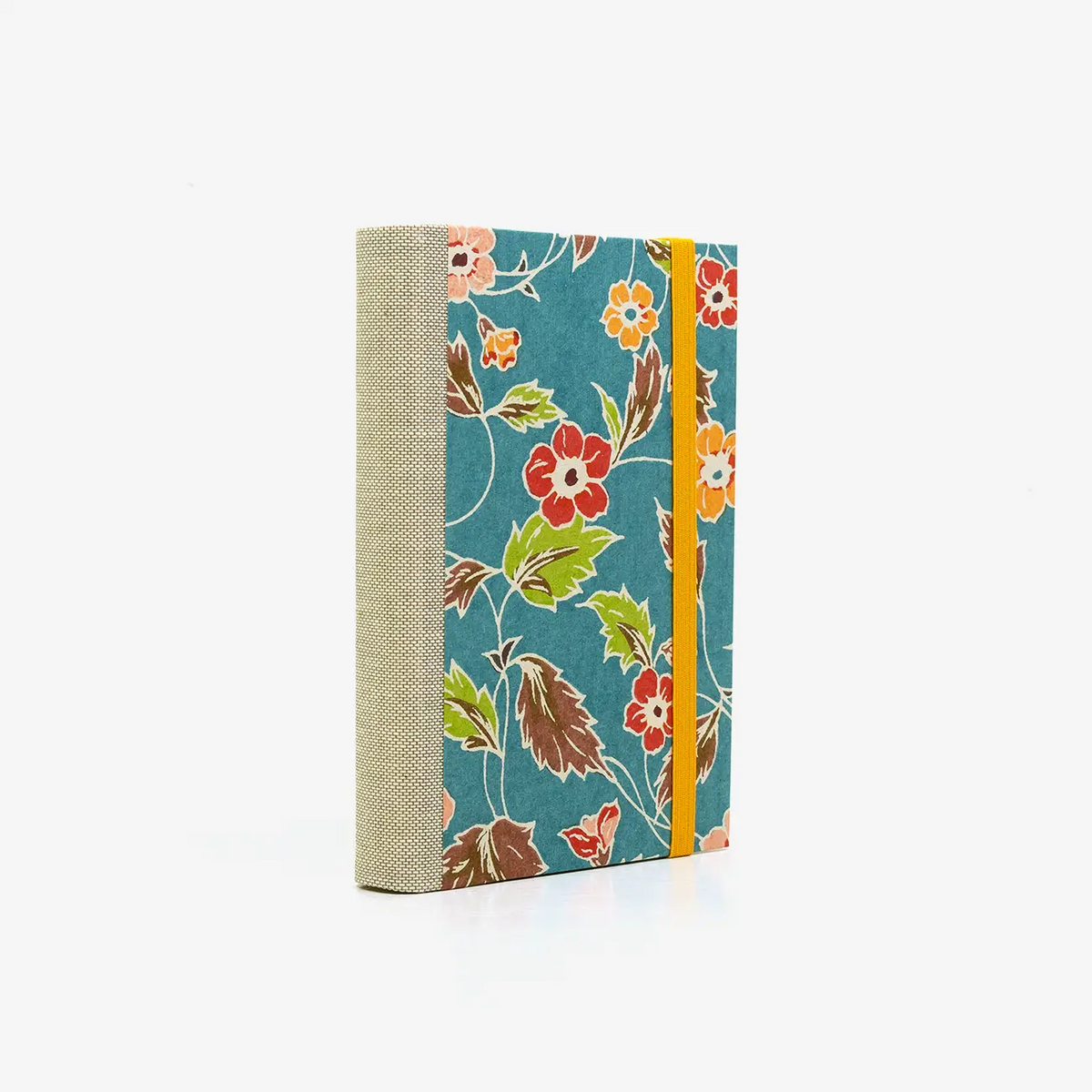 Notizbuch-blanko-9x14cm-224seiten-cover-mit-Katazome-Shi-Motiv-Blumenbukett-auf-blau-seitlich-hinten