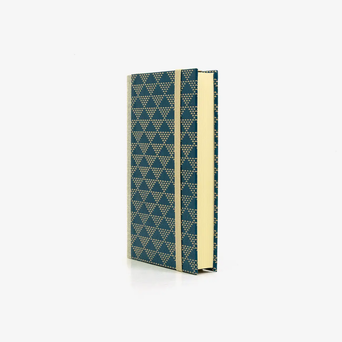 Notizbuch-blanko-9x14cm-224seiten-cover-mit-Lackpapier-Motiv-dreieckspattern-dotted-beige-blau-Pattern-seitlich-vorn