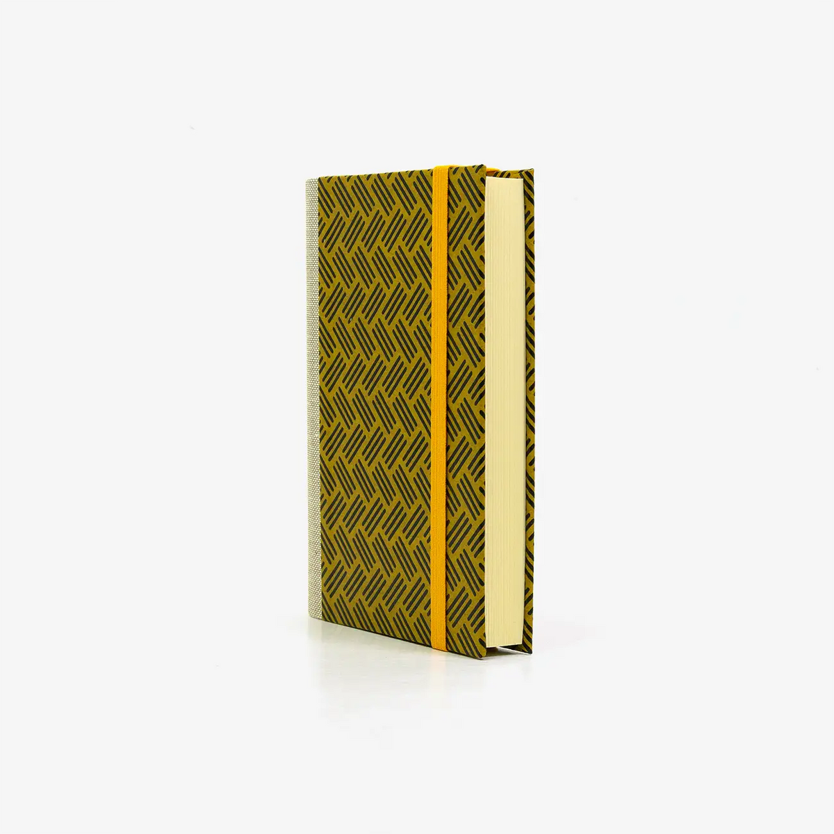 Notizbuch-blanko-9x14cm-224seiten-cover-mit-Lackpapier-Motiv-sTRICHpattern-SCHWART-AUF-GELB-Pattern-seitlich-vorn