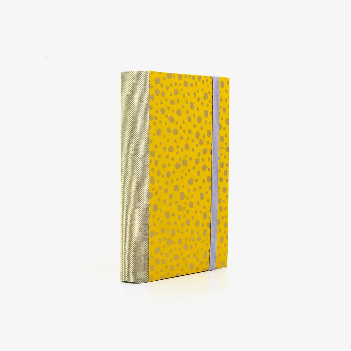 Notizbuch-blanko-9x14cm-224seiten-cover-mit-chiyogami-Motiv-Polka-Dots-gold-auf-gelb-seitlich-hinten