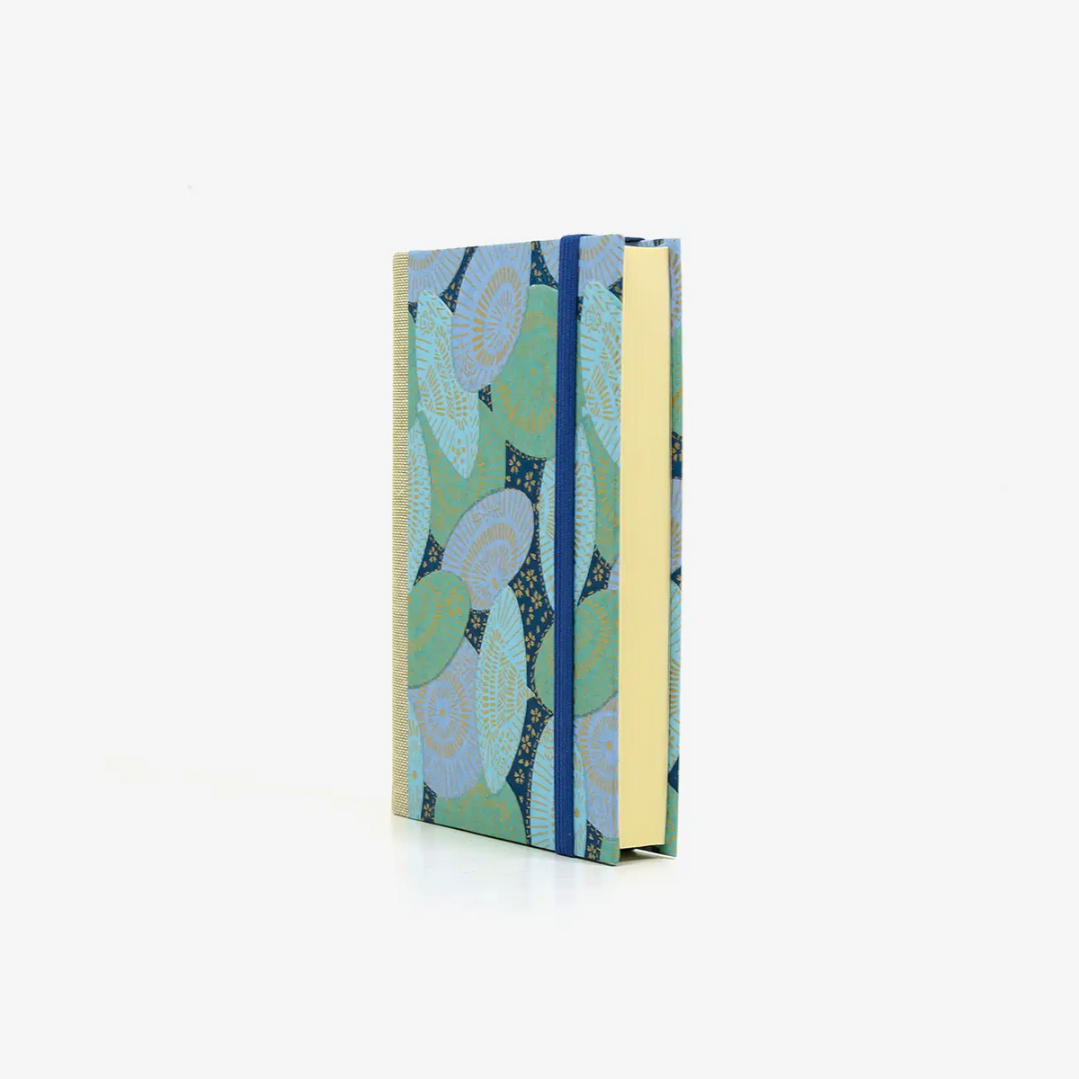 Notizbuch-blanko-9x14cm-224seiten-cover-mit-chiyogami-Motiv-Sonnenschirme-blau-Seitlich-vorn