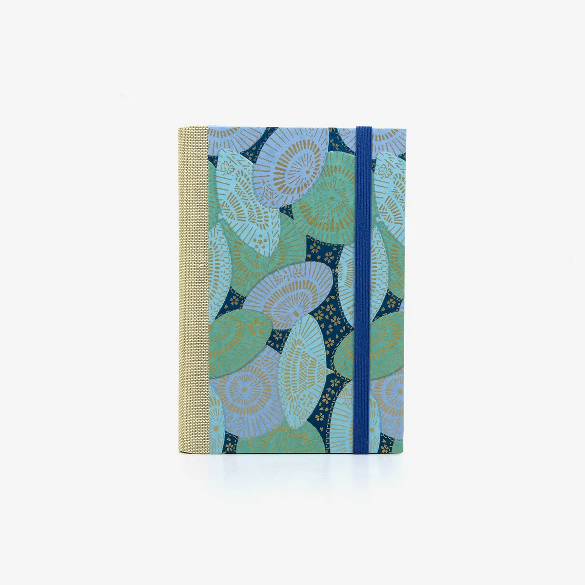 Notizbuch-blanko-9x14cm-224seiten-cover-mit-chiyogami-Motiv-Sonnenschirme-blau-vorn