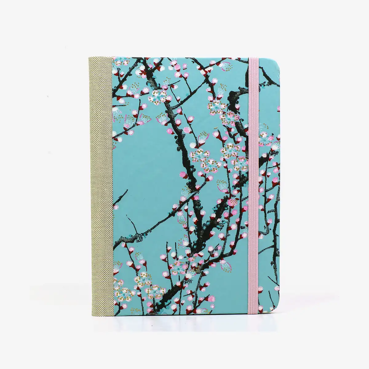 Notizbuch-kariert-12x16.5cm-Cover-Chiyogami-Motiv-Kirschzweige-mit_Blueten-auf-hellblau