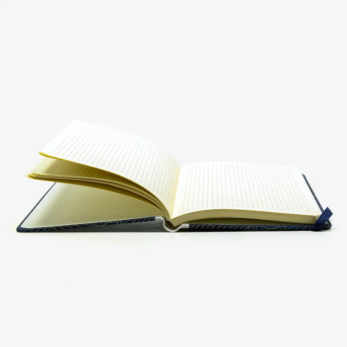 Notizbuch-kariert-12x16.5cm-Cover-Chiyogami-Motiv-Nami-Welle-Gold-auf-changierendem-Blau-aufgeschlagen