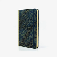 Notizbuch-kariert-12x16.5cm-Cover-Chiyogami-Motiv-Nami-Welle-Gold-auf-changierendem-Blau-seitlich-von-vorn