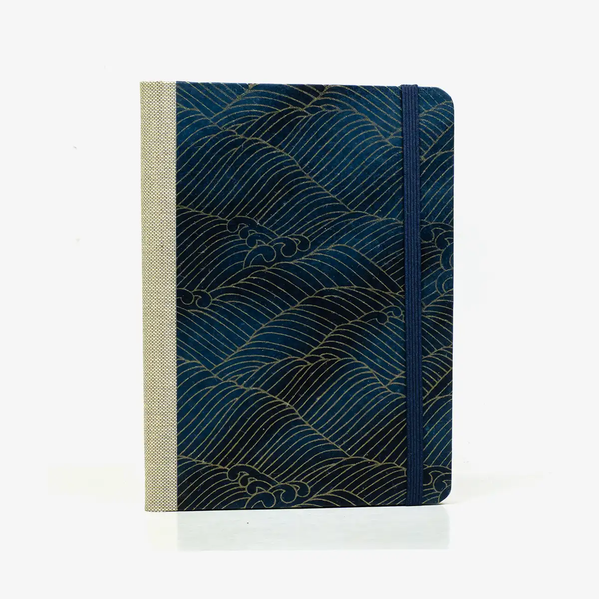 Notizbuch-kariert-12x16.5cm-Cover-Chiyogami-Motiv-Nami-Welle-Gold-auf-changierendem-Blau