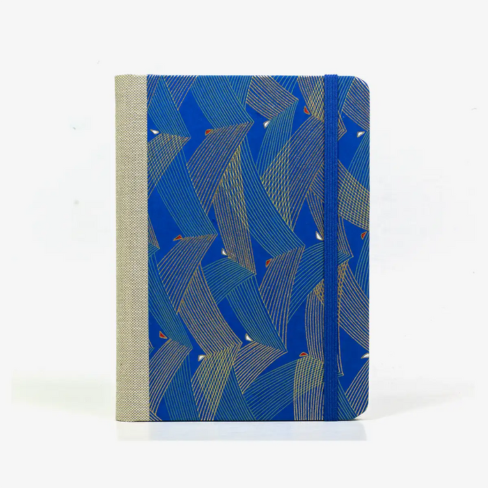 Notizbuch-kariert-12x16.5cm-Cover-Chiyogami-Motiv-Saitenspiel-blau