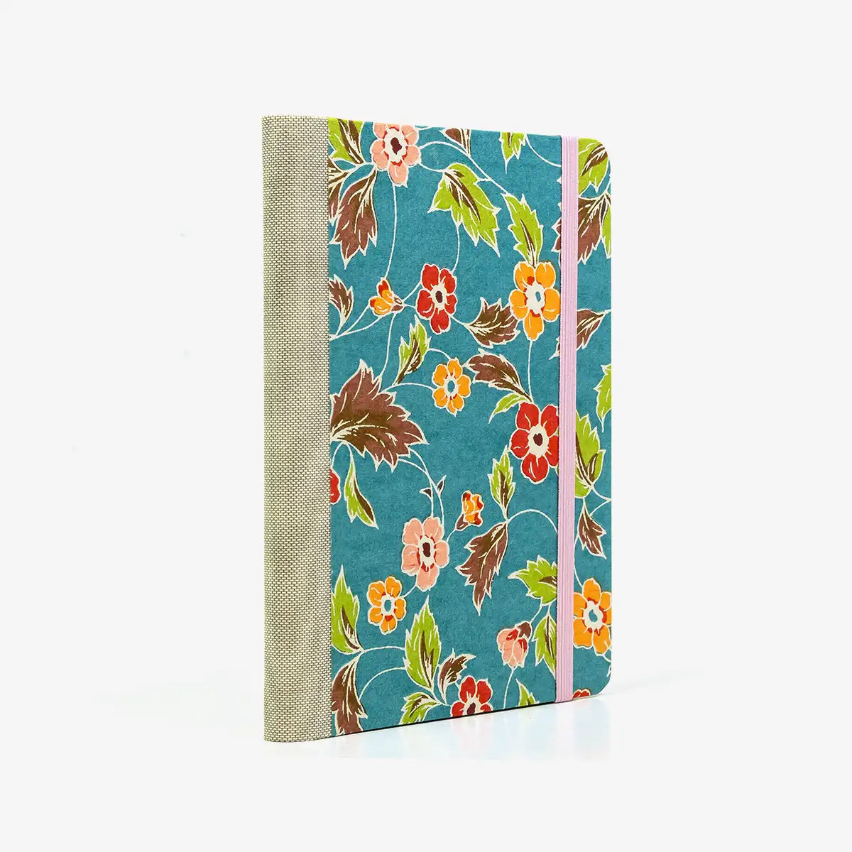 Notizbuch-kariert-12x16.5cm-Cover-katazome-Shi-Motiv-Blumenornament-auf-hellblau-seitlich-von-hinten