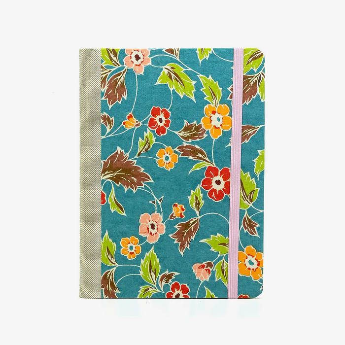 Notizbuch-kariert-12x16.5cm-Cover-katazome-Shi-Motiv-Blumenornament-auf-hellblau