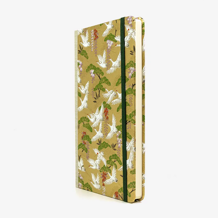 Notizbuch-liniert-13x21cm-Chiyogami-192-Seiten-Motiv-Kraniche-auf-Gold-cover-seitlich-von-Vorn