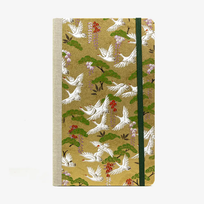 Notizbuch-liniert-13x21cm-Chiyogami-192-Seiten-Motiv-Kraniche-auf-Gold-cover-von-Vorn