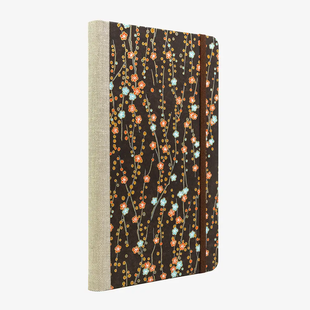 Notizbuch-liniert-13x21cm-Chiyogami-192-Seiten-Motiv-blumenranken-auf-braun-cover-seitlich-von-hinten